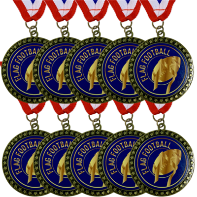 10-Pack of 2-1/2" UV Color Printed Flag Football Medals with R/W/B Ribbons