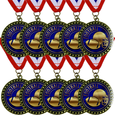 10-Pack of 2-1/2" UV Color Printed Football Medals with R/W/B Ribbons