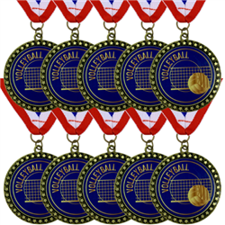 10-Pack of 2-1/2" UV Color Printed Volleyball Medals with R/W/B Ribbons