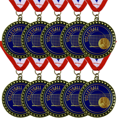 10-Pack of 2-1/2" UV Color Printed Volleyball Medals with R/W/B Ribbons