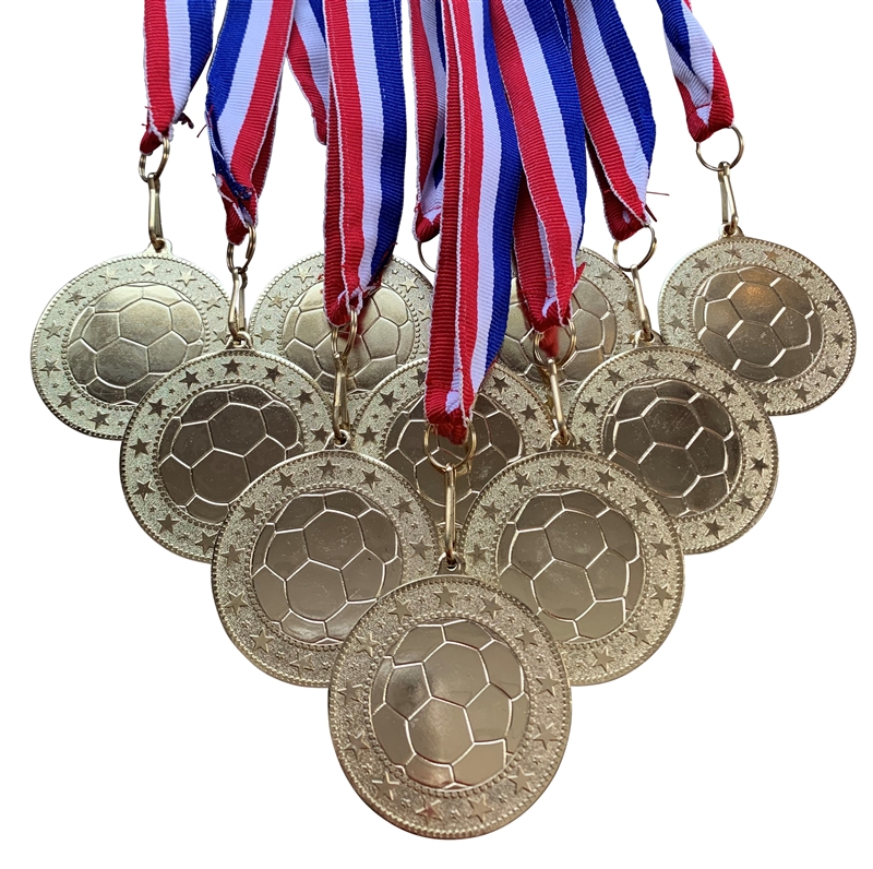 Pack of 10 Express Medals Large 2-1/2 inch Diameter Metal Antique Gold Soccer Star Award Trophy Champion Winner with Red White and Blue Neck Ribbons
