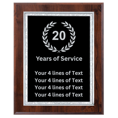 20 Year Service Award 8" x 10" Plaque (VL810-PP170B-S-20YR)