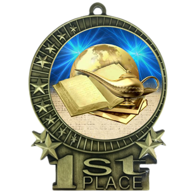 3" Book & Lamp Medal with Epoxy Dome XMD-D40